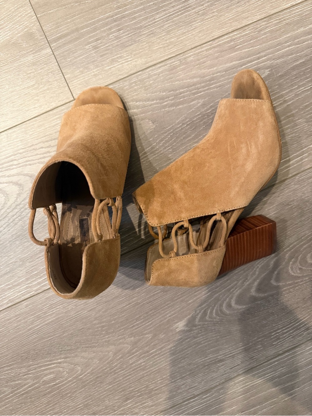 Tahari Tan Suede Open-Toe Slingback Block Heel Booties